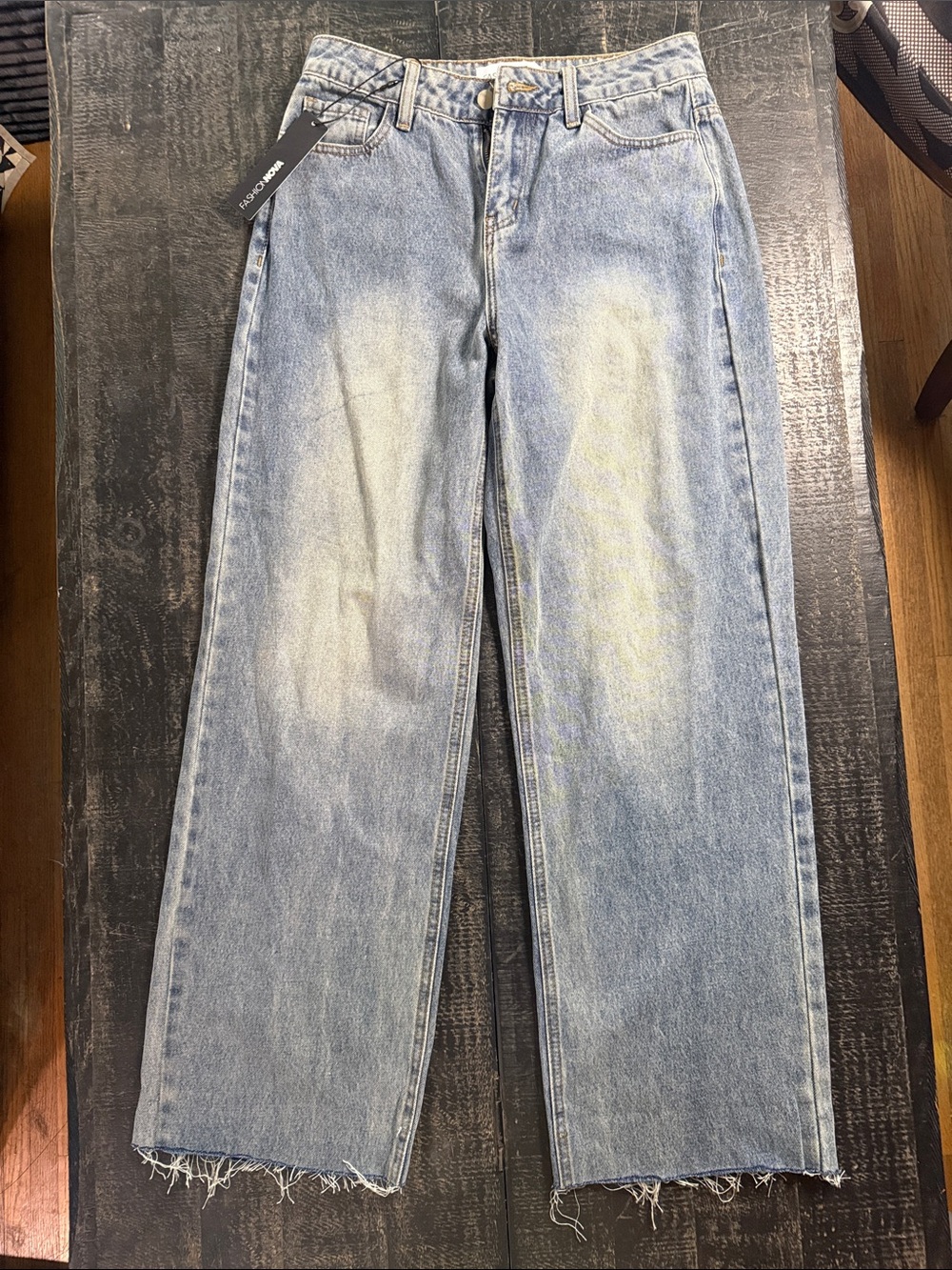 Fashion Nova Medium Wash Light Blue wide Leg, Raw Hem Jeans